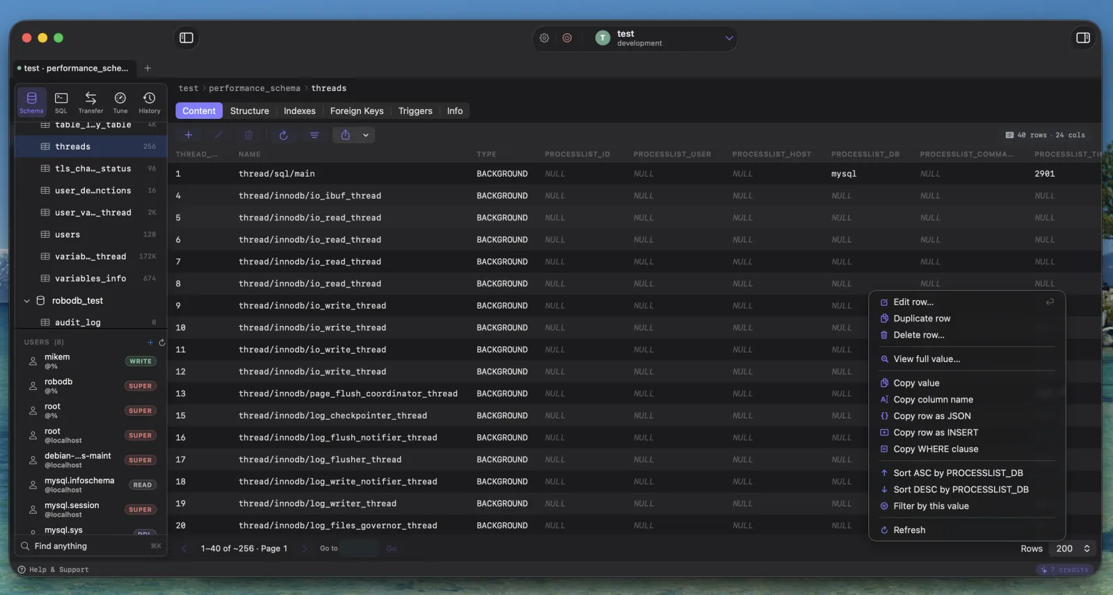 RoboDB browsing a table with an editable data grid