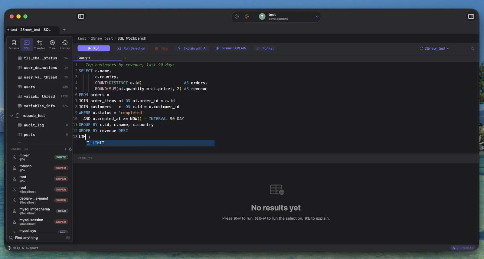 RoboDB SQL Workbench with schema-aware autocomplete in the Monaco editor